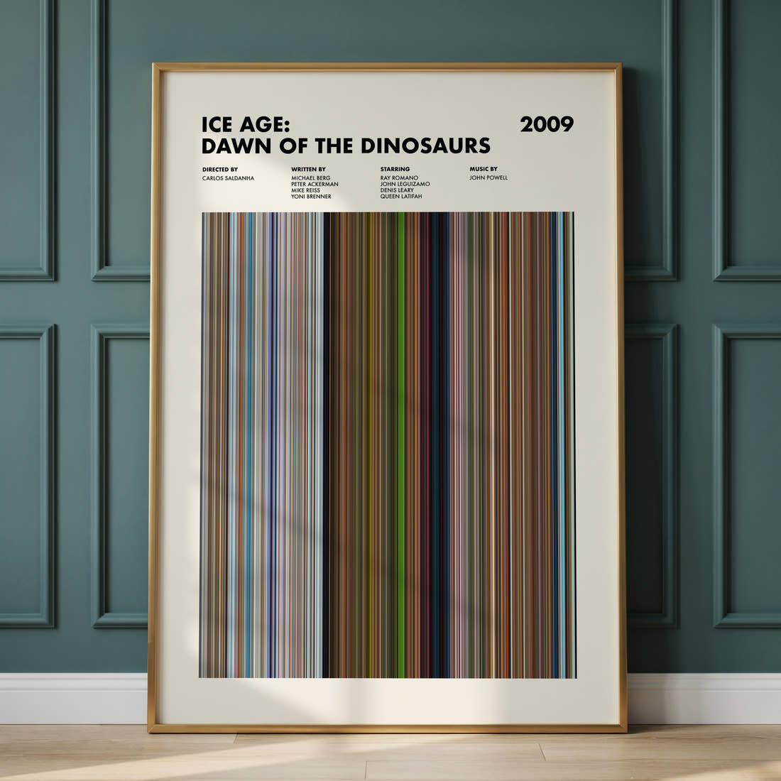 Ice Age: Dawn of the Dinosaurs Movie Barcode Poster framed and leaning against a panelled wall
