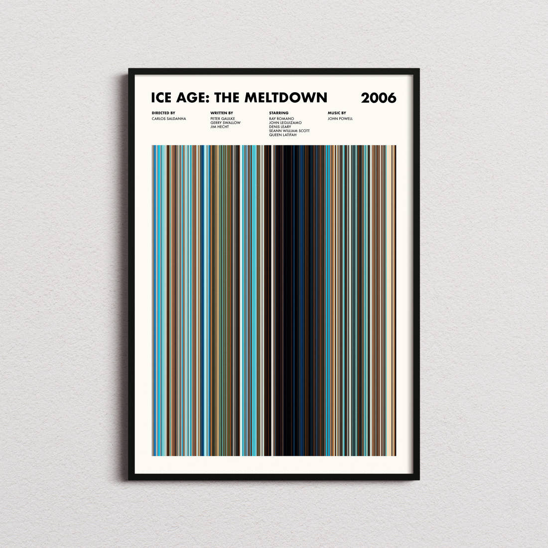 Ice Age: The Meltdown Movie Barcode Poster framed on a plain studio wall