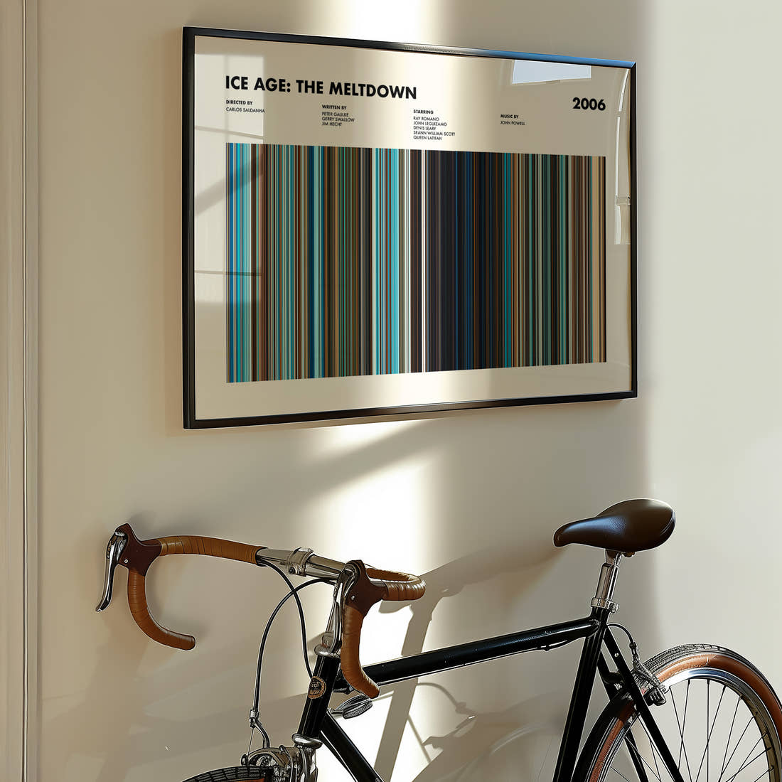 Ice Age: The Meltdown Movie Barcode Poster framed on the wall of a styled room setting