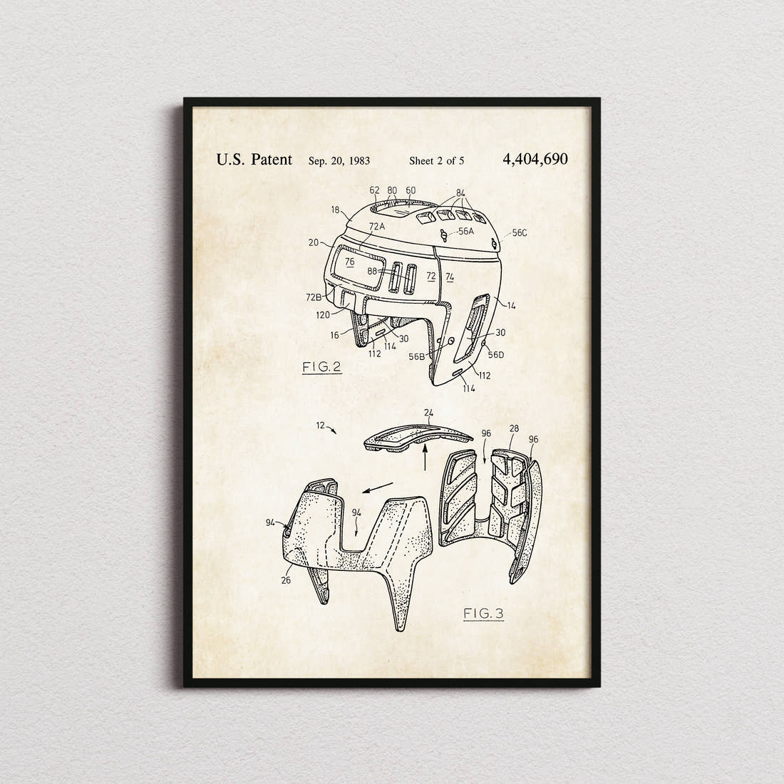 Ice Hockey Helmet Patent Print in the aged paper colourway, framed