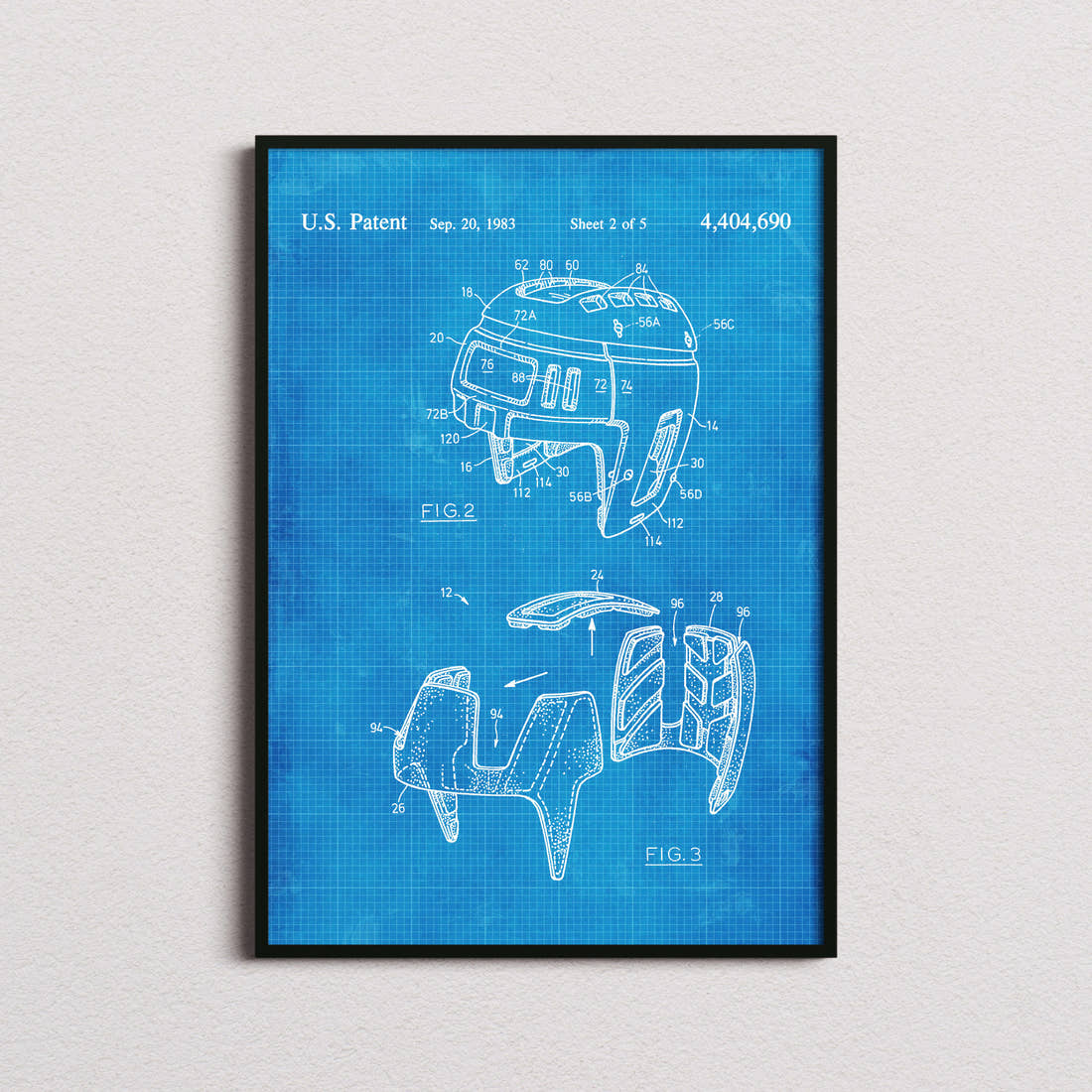 Ice Hockey Helmet Patent Print in the blueprint colourway, framed