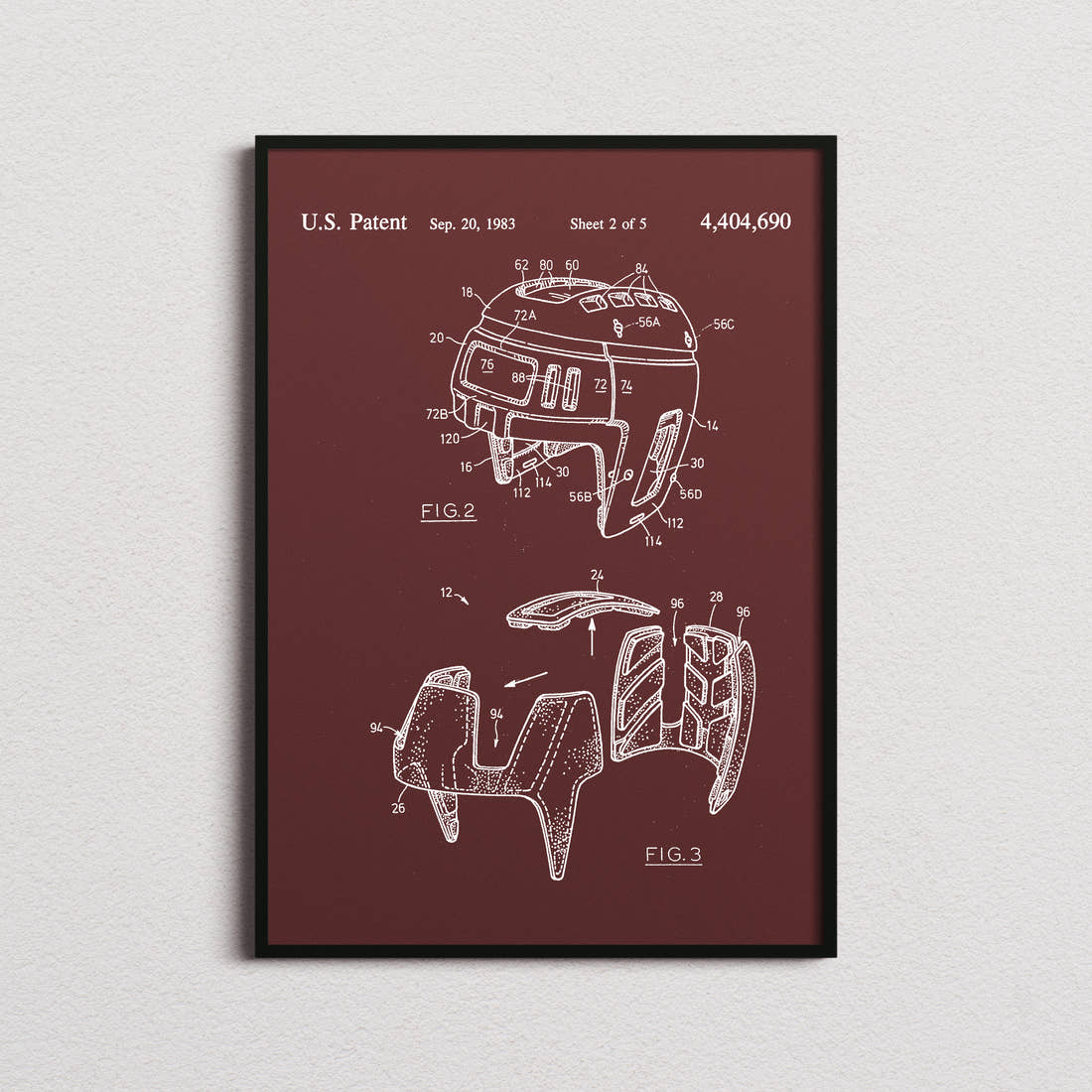Ice Hockey Helmet Patent Print in the burgundy colourway, framed