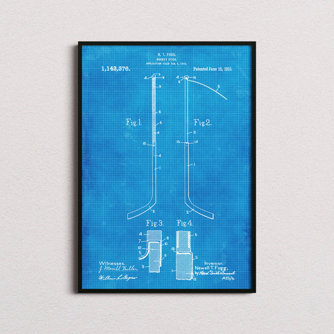 Ice Hockey Stick Patent Print in the blueprint colourway, framed