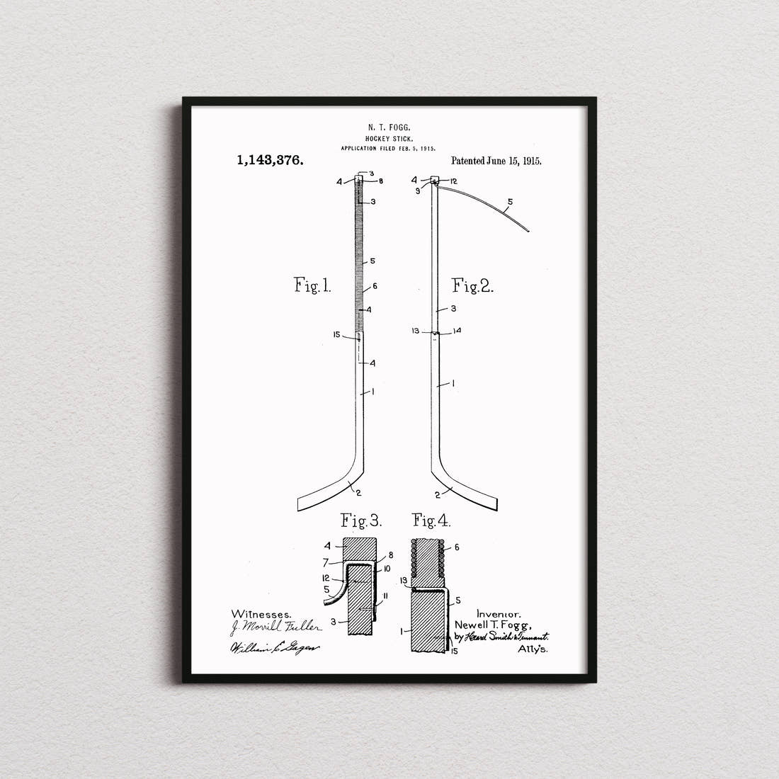 Ice Hockey Stick Patent Print in the white colourway, framed