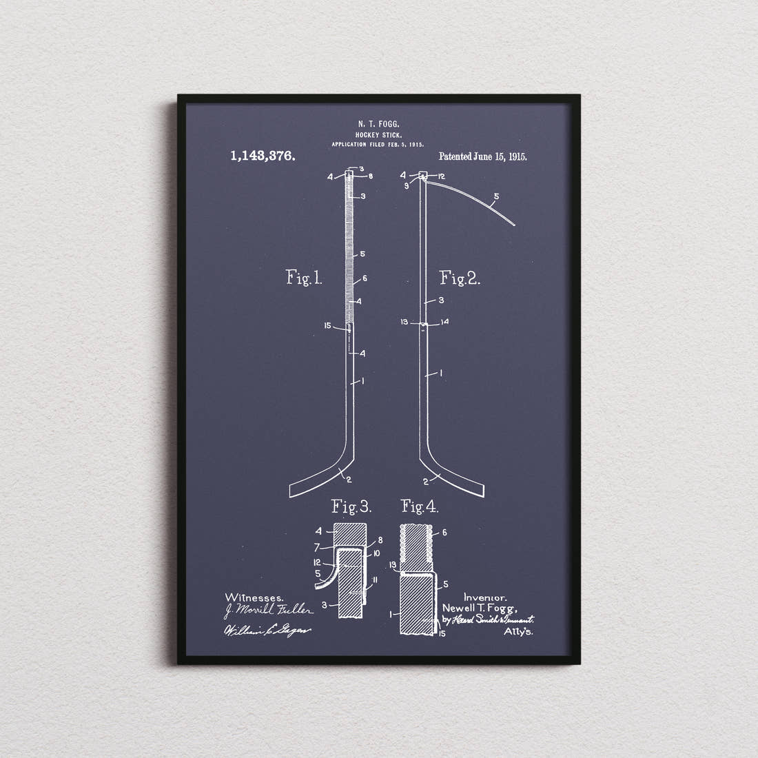 Ice Hockey Stick Patent Print in the navy colourway, framed
