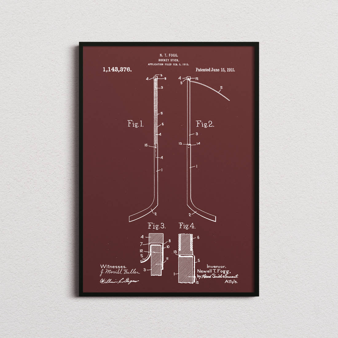 Ice Hockey Stick Patent Print in the burgundy colourway, framed