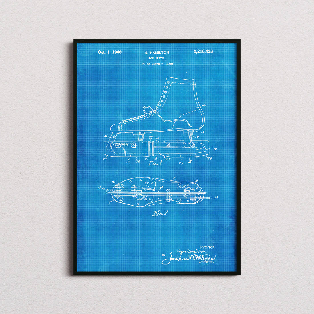 Ice Skate Patent Print in the blueprint colourway, framed