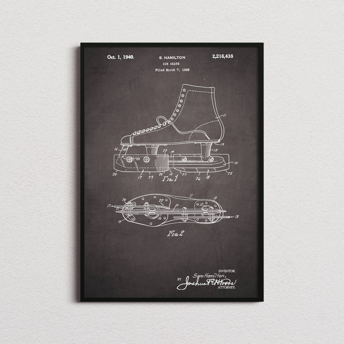 Ice Skate Patent Print in the blackboard colourway, framed