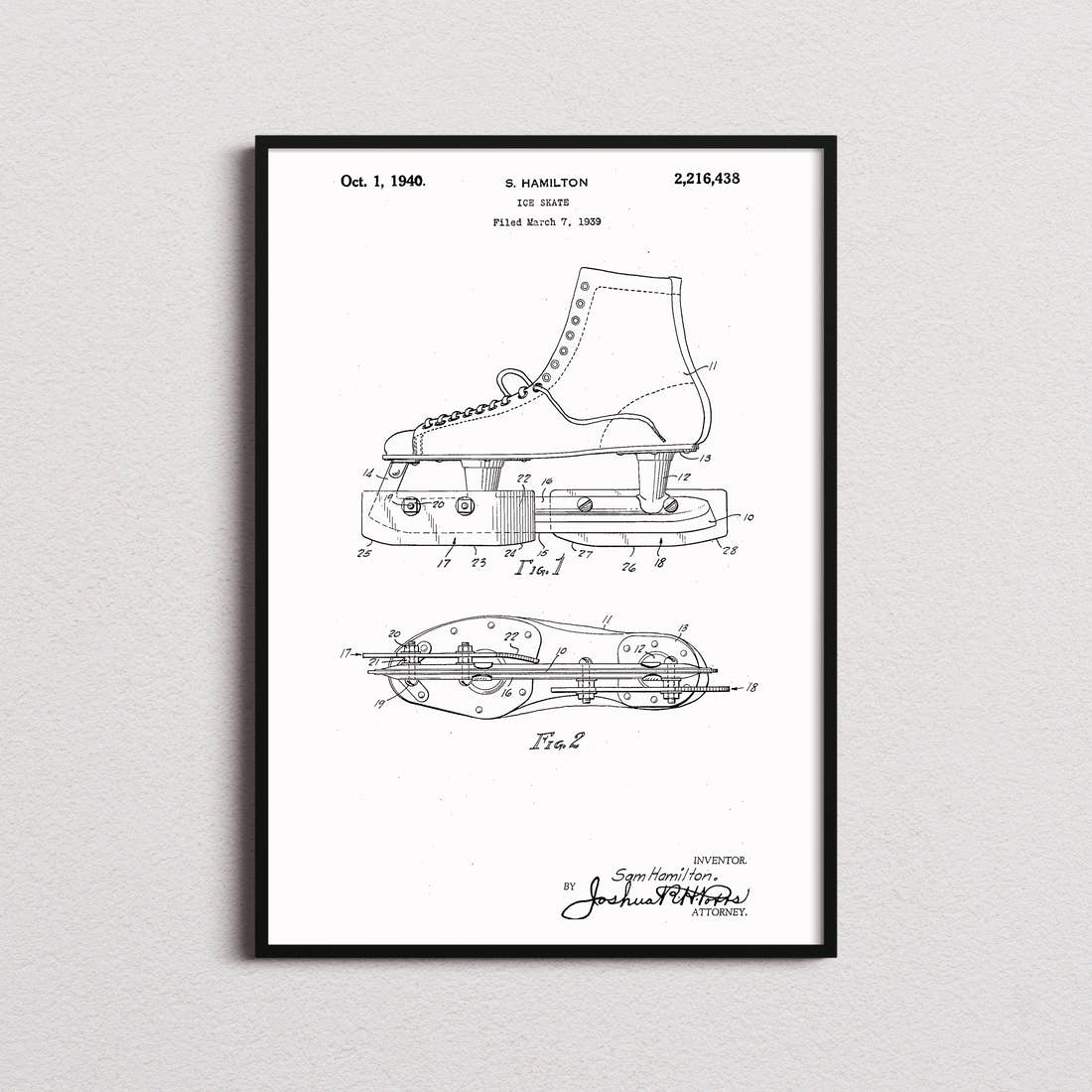 Ice Skate Patent Print in the white colourway, framed