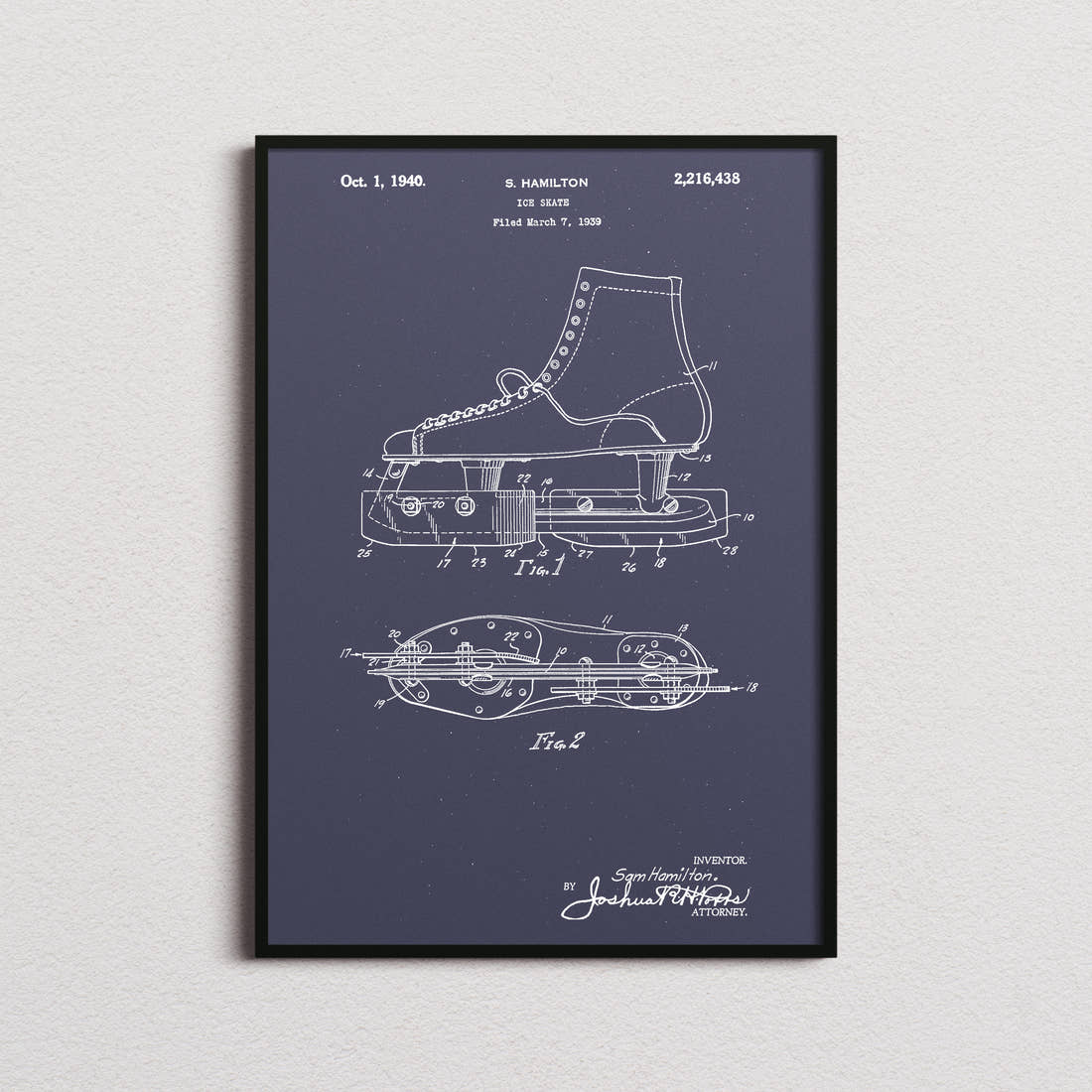 Ice Skate Patent Print in the navy colourway, framed