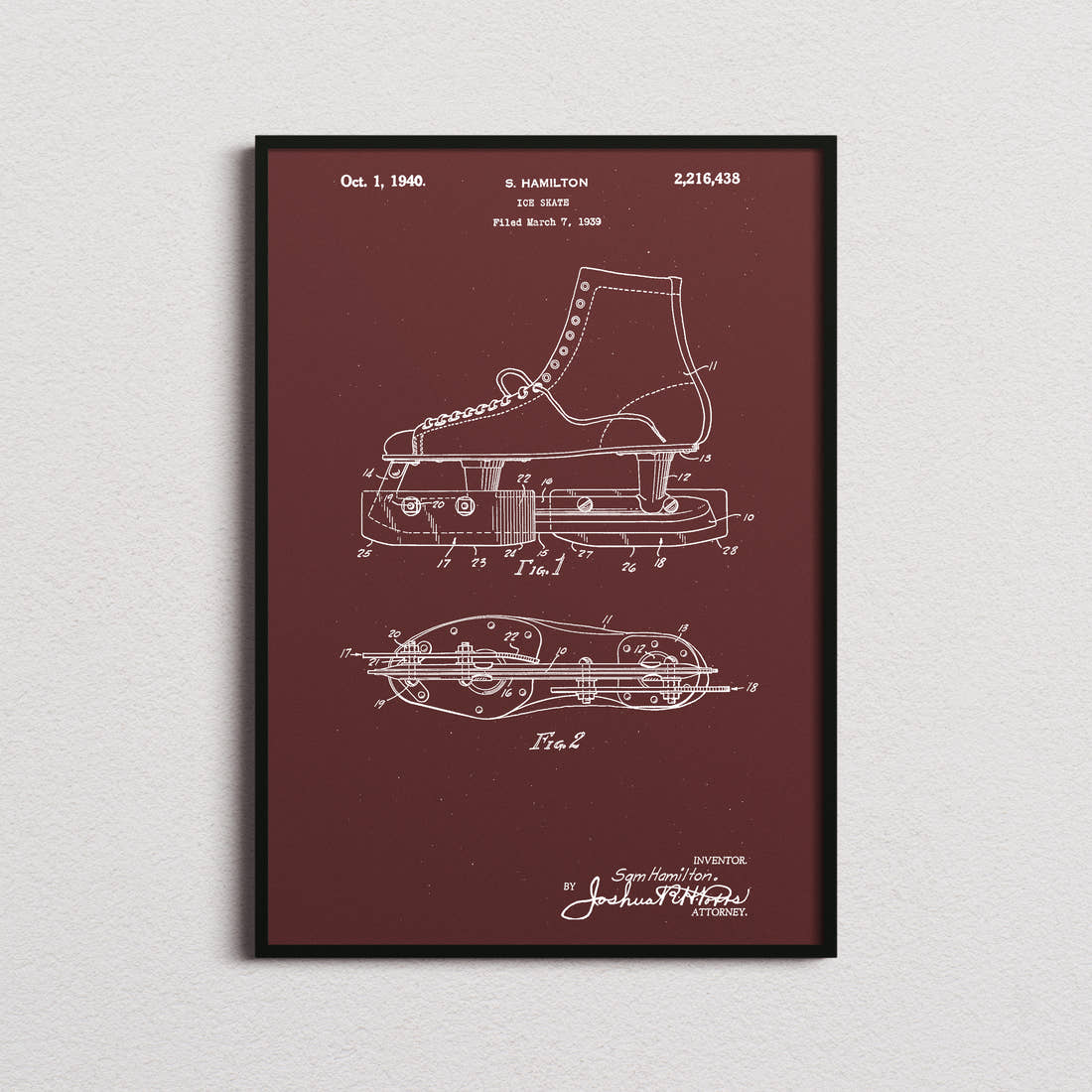Ice Skate Patent Print in the burgundy colourway, framed