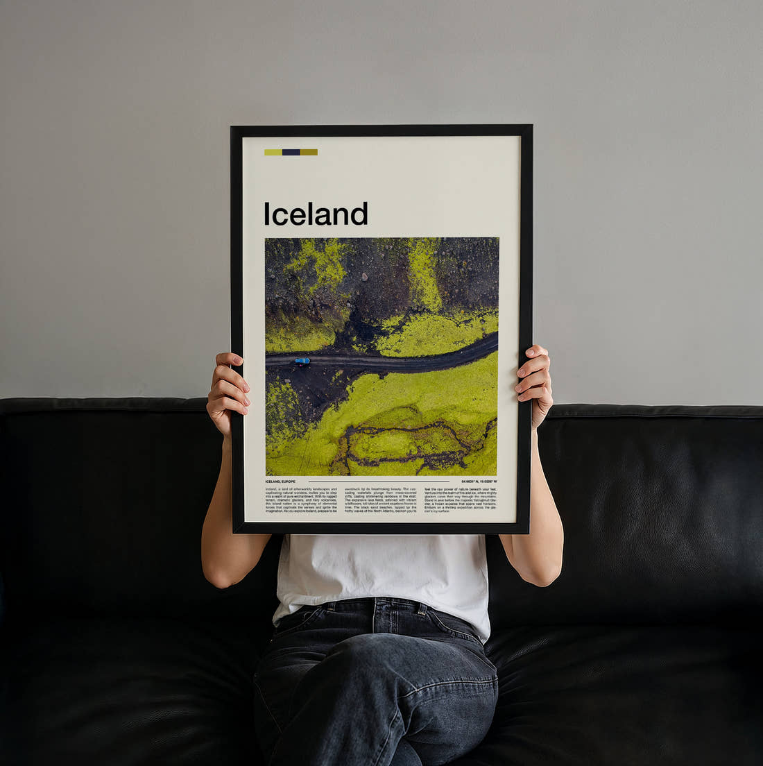 Iceland Road Through Green Moss Travel Print held up by hand to show the size of the print