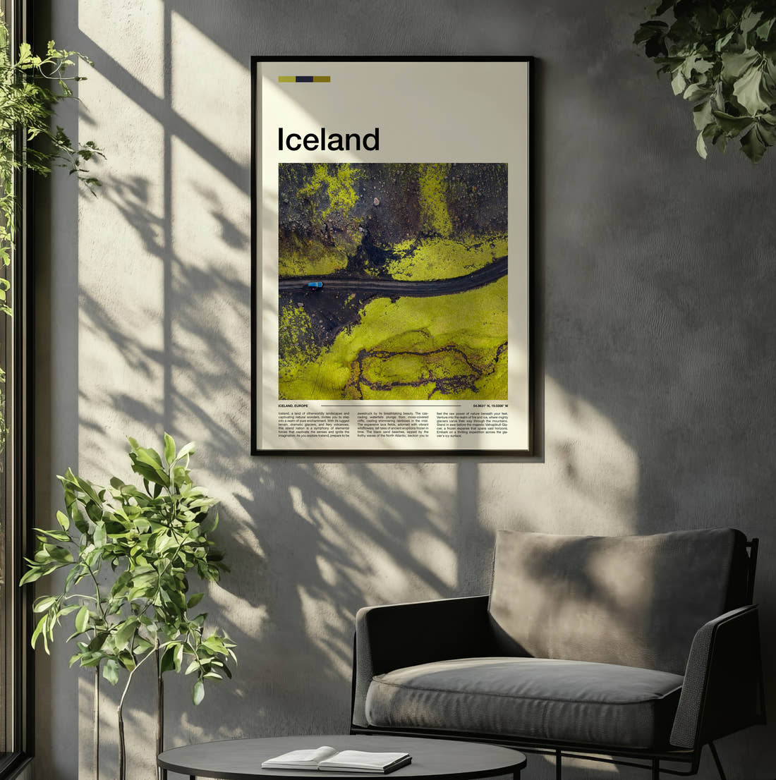 Iceland Road Through Green Moss Travel Print framed on the wall of a relaxed living room