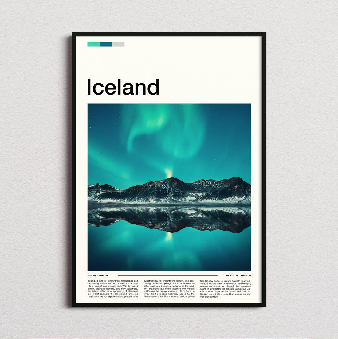 Iceland Aurora Borealis Travel Print framed and photographed straight on