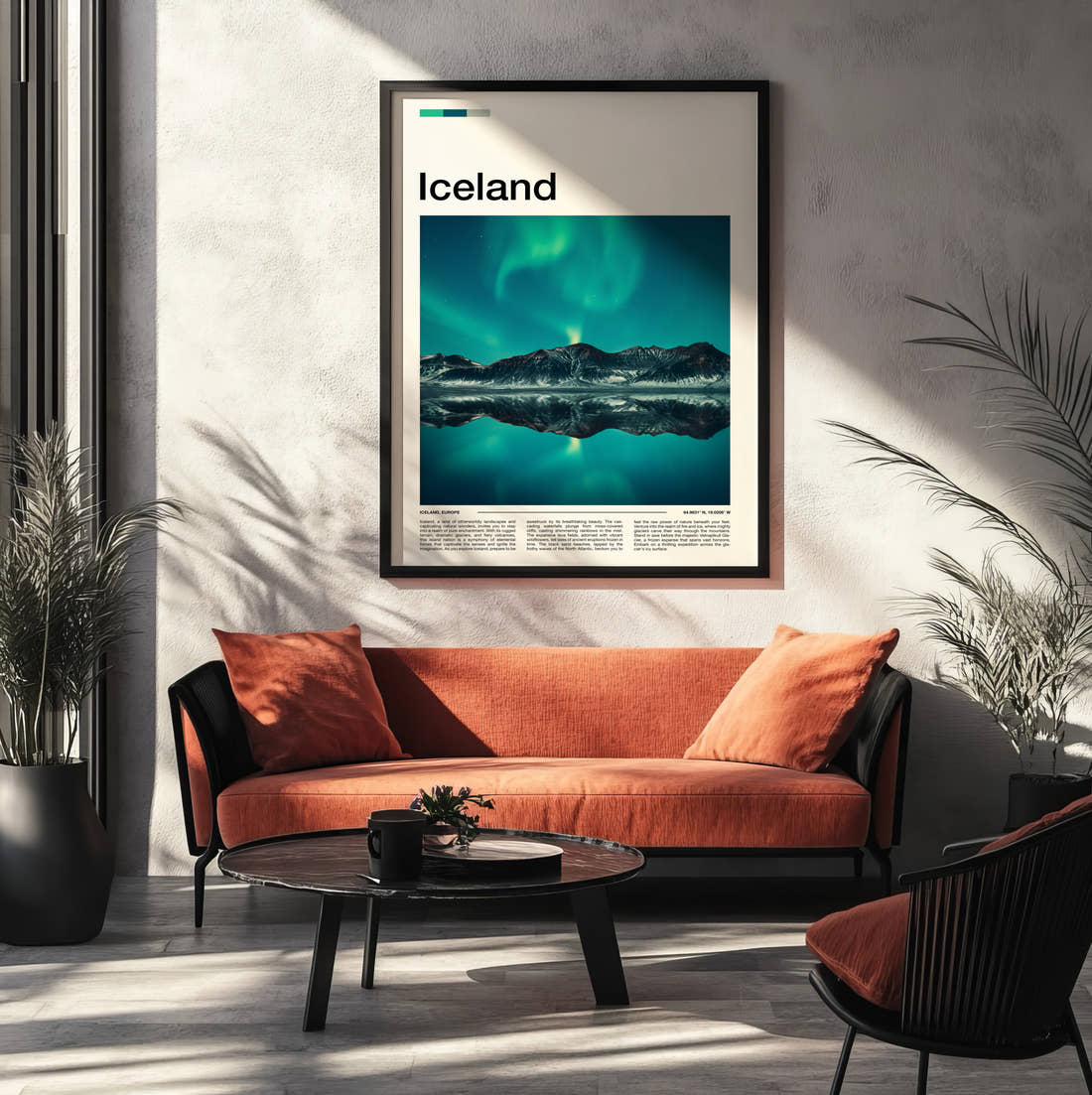 Iceland Aurora Borealis Travel Print framed on the wall of a modern living room