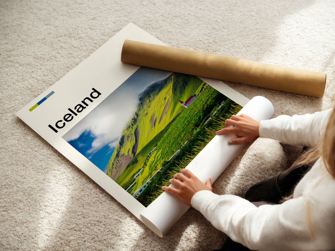 Iceland Church On Green Hillside Travel Print being unrolled from its postal tube