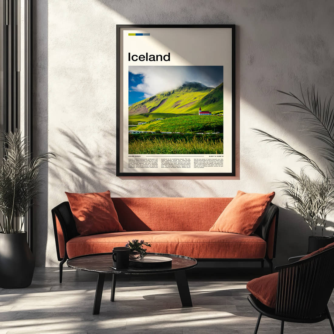 Iceland Church On Green Hillside Travel Print framed on the wall of a modern living room