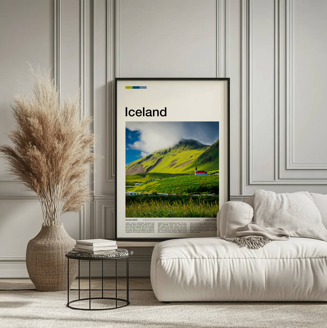 Iceland Church On Green Hillside Travel Print framed on the wall of a calm, neutral bedroom