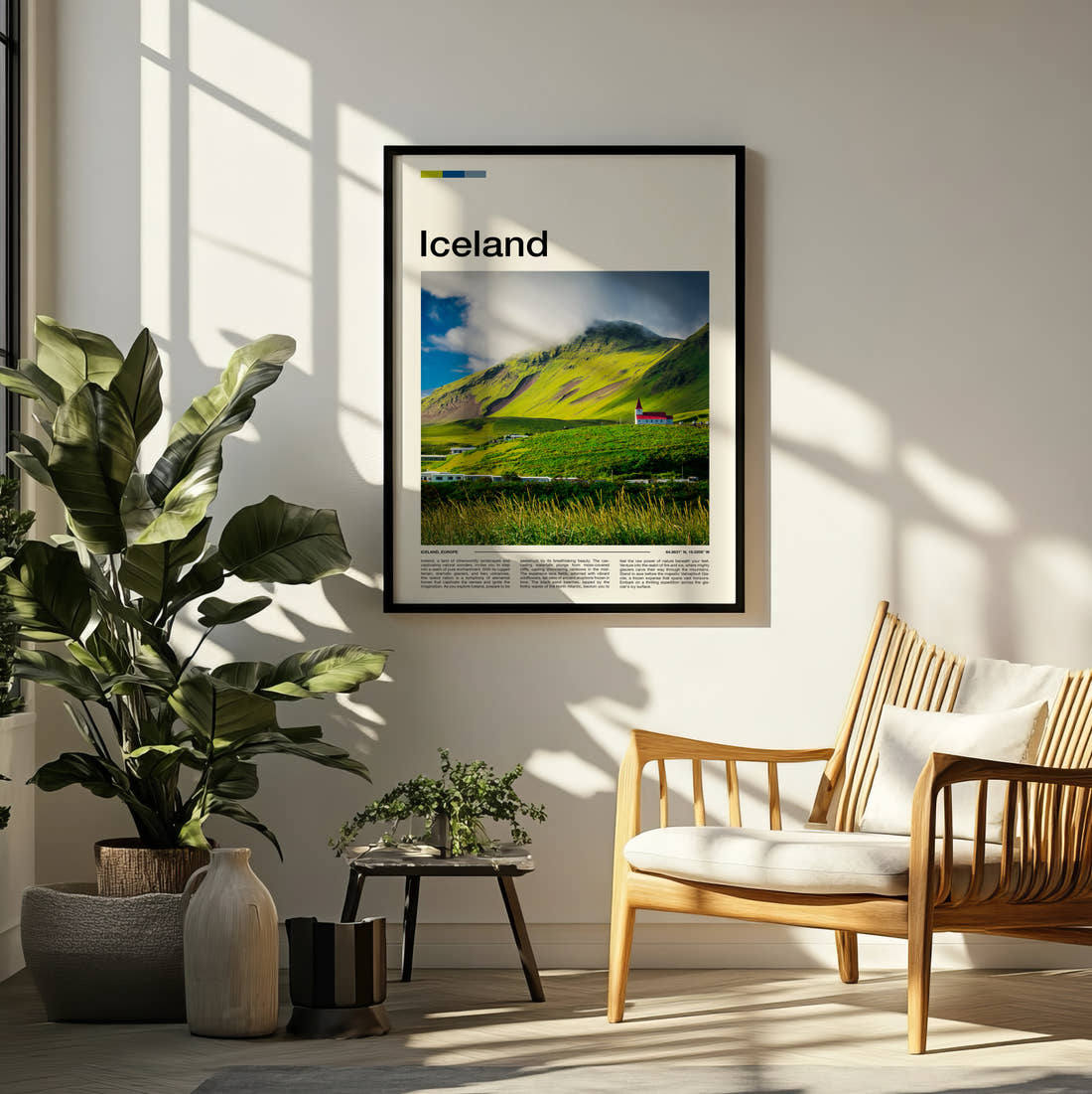 Iceland Church On Green Hillside Travel Print framed on a pale wall beside houseplants