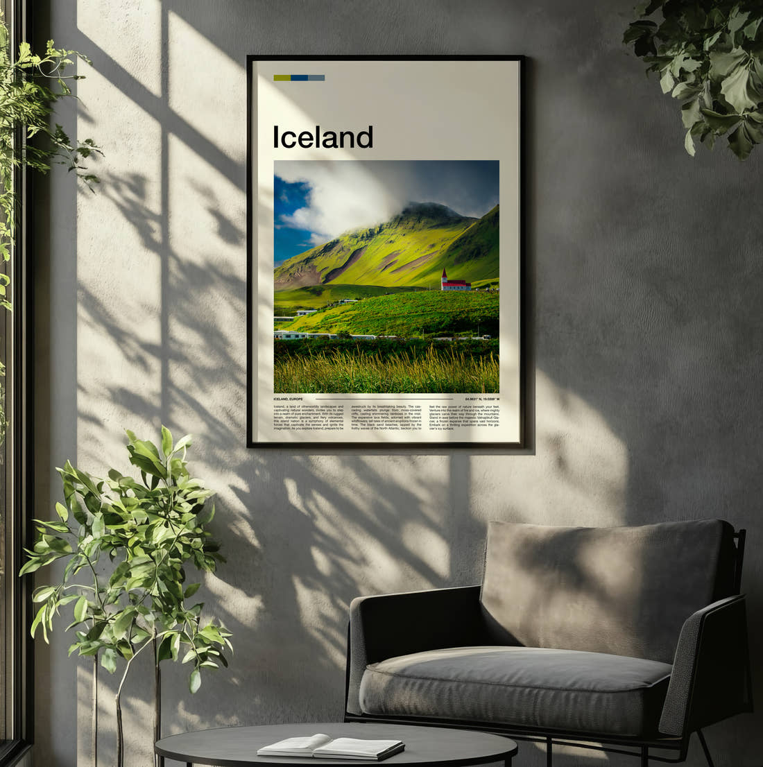 Iceland Church On Green Hillside Travel Print framed on the wall of a relaxed living room