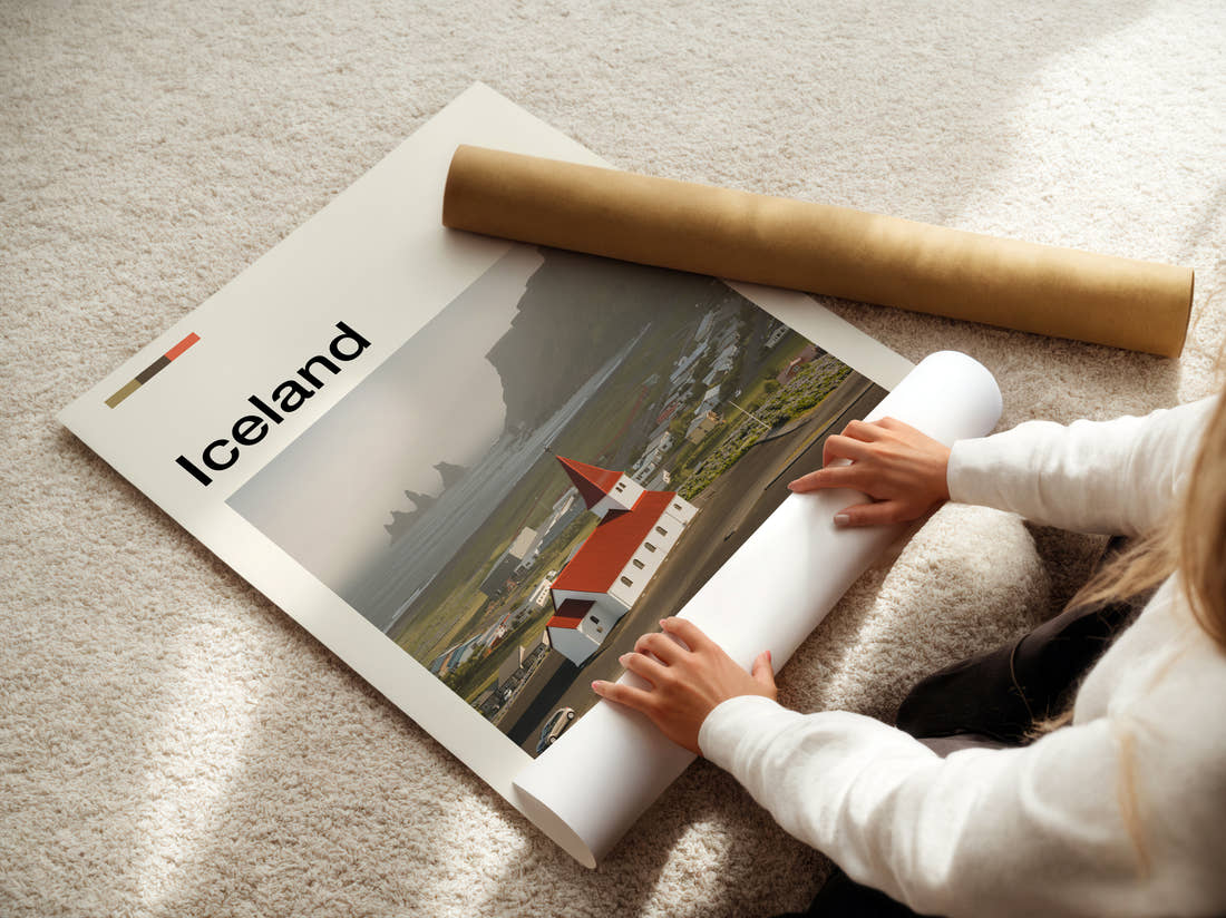 Iceland Vik Church Travel Print being unrolled from its postal tube