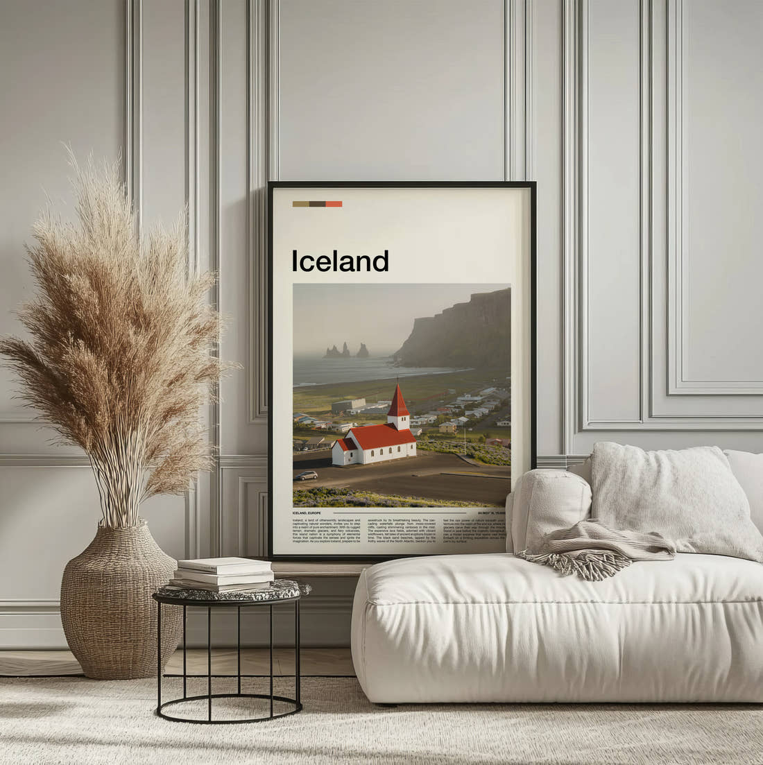 Iceland Vik Church Travel Print framed on the wall of a calm, neutral bedroom