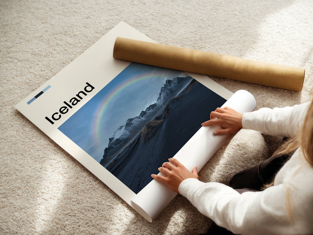 Iceland Rainbow Over Mountains Travel Print being unrolled from its postal tube