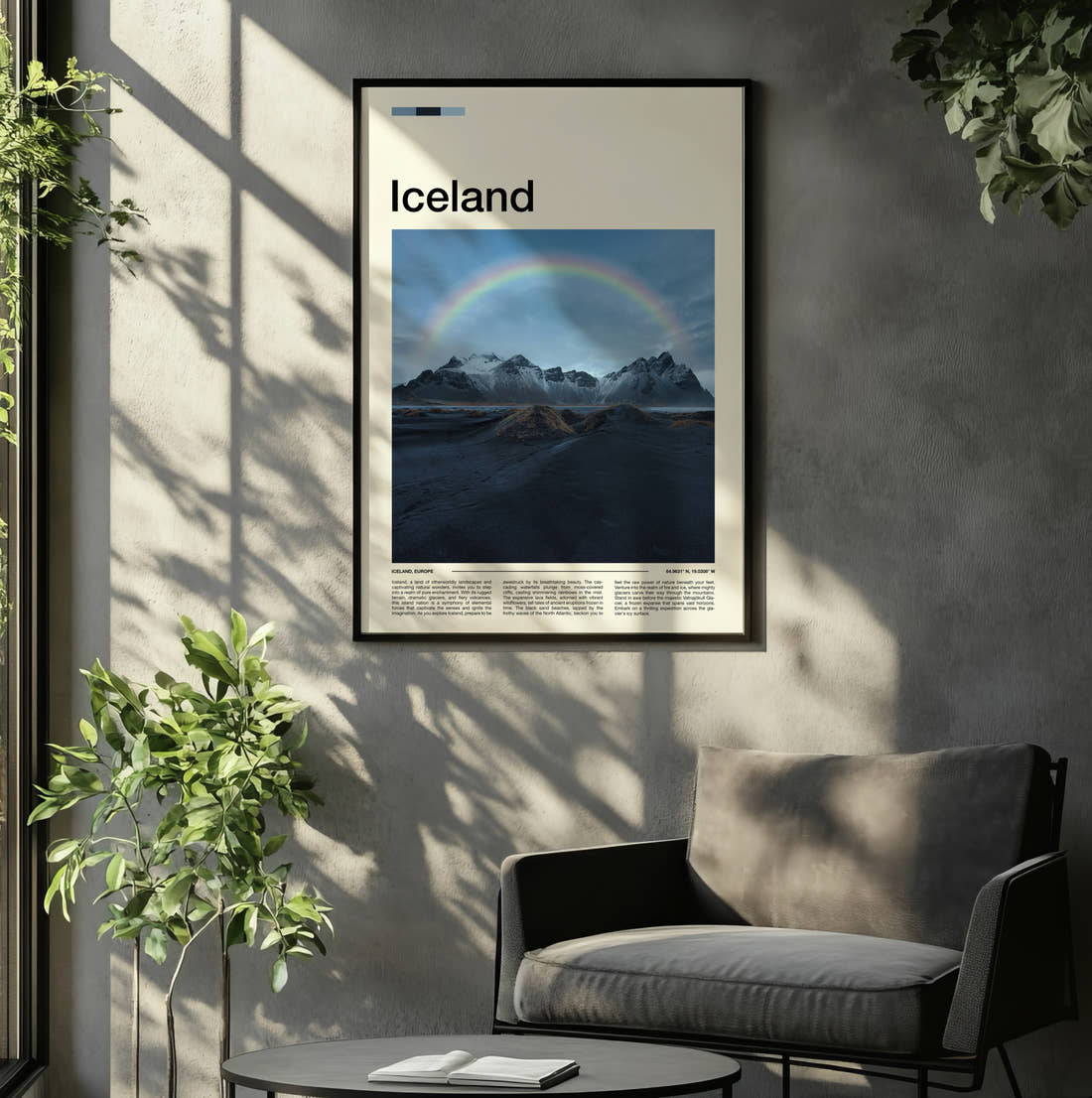Iceland Rainbow Over Mountains Travel Print framed on the wall of a relaxed living room