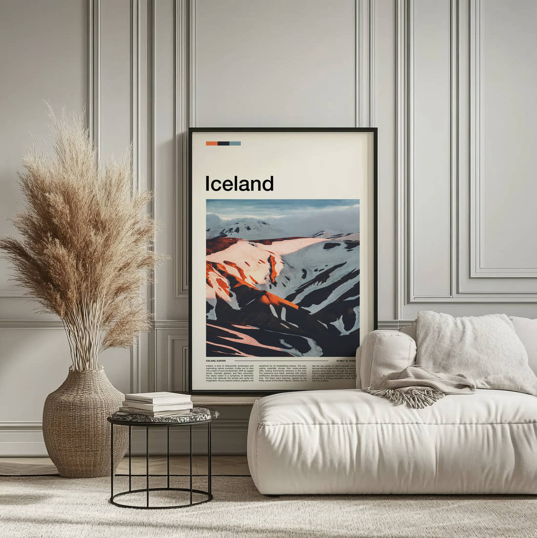 Iceland Snowy Volcanic Mountains Travel Print framed on the wall of a calm, neutral bedroom