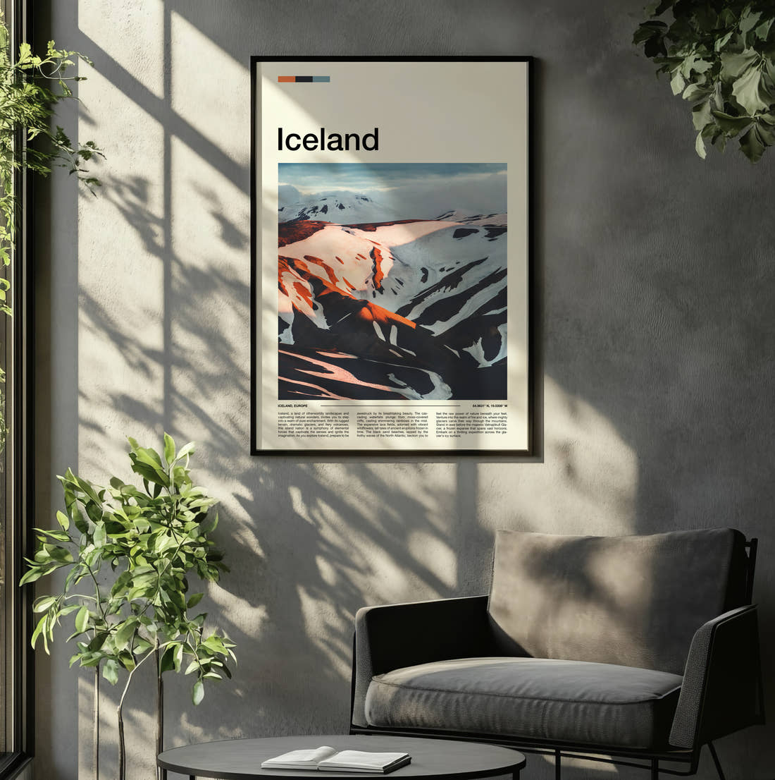 Iceland Snowy Volcanic Mountains Travel Print framed on the wall of a relaxed living room