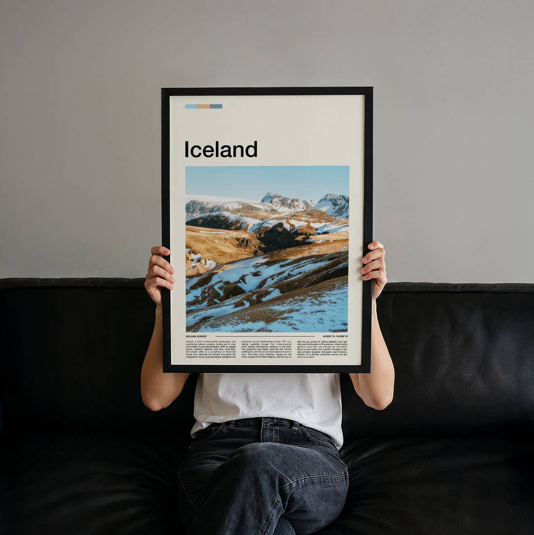 Iceland Snowy Valley Travel Print held up by hand to show the size of the print