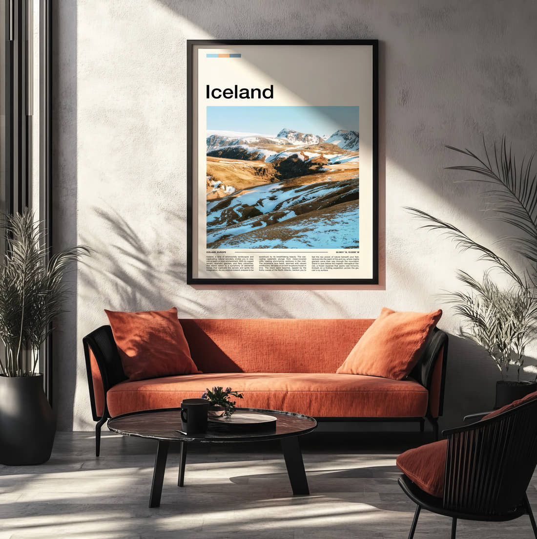 Iceland Snowy Valley Travel Print framed on the wall of a modern living room