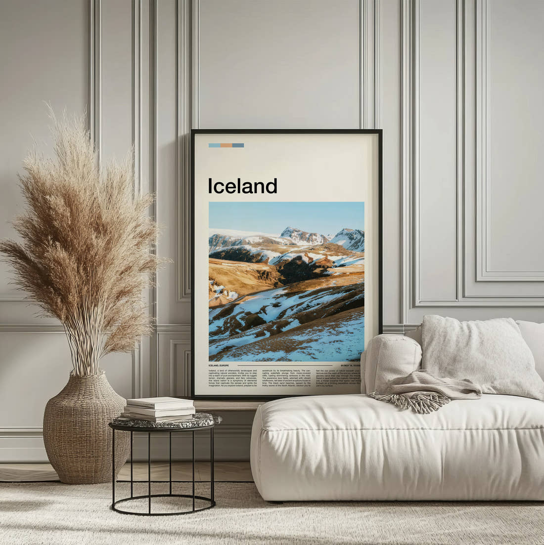 Iceland Snowy Valley Travel Print framed on the wall of a calm, neutral bedroom