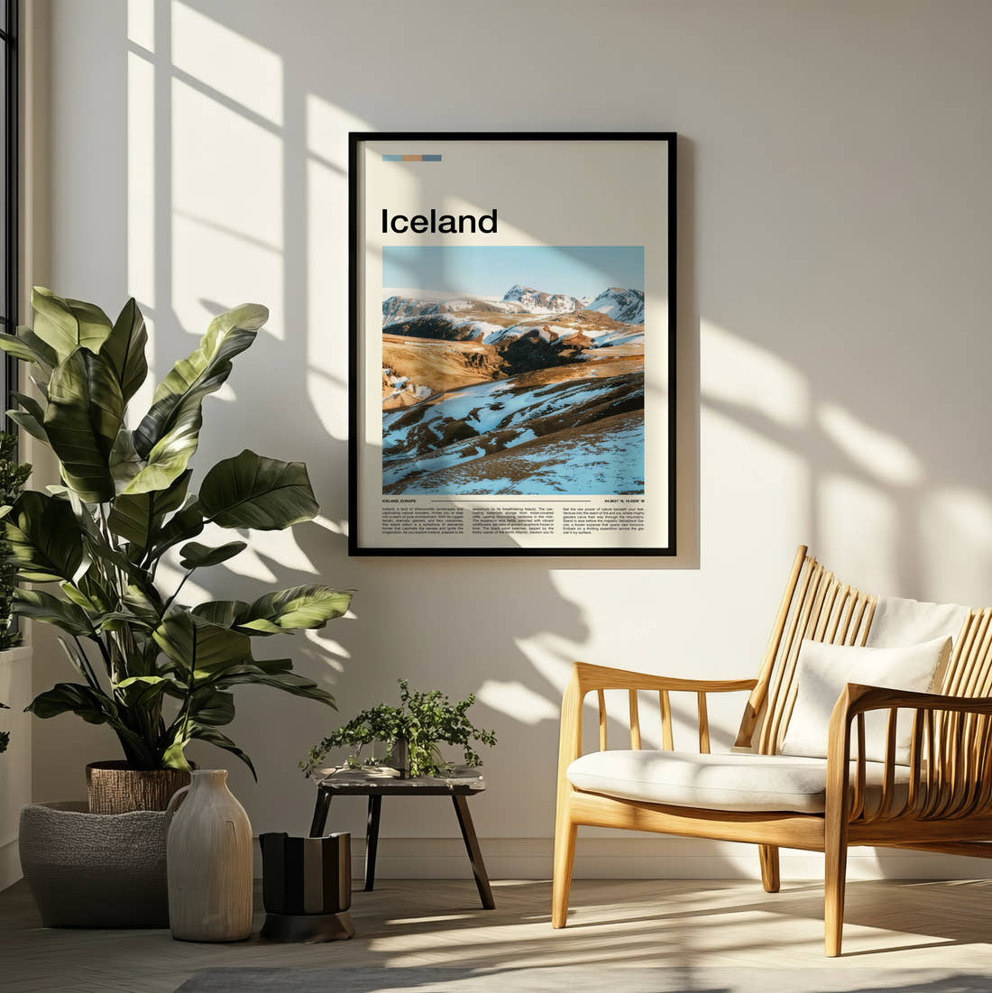 Iceland Snowy Valley Travel Print framed on a pale wall beside houseplants