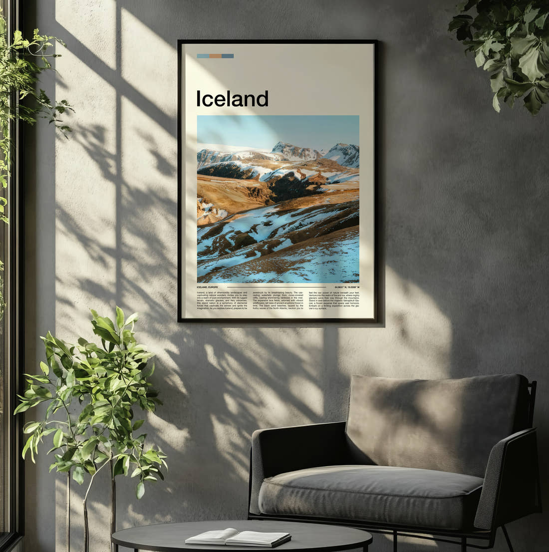 Iceland Snowy Valley Travel Print framed on the wall of a relaxed living room