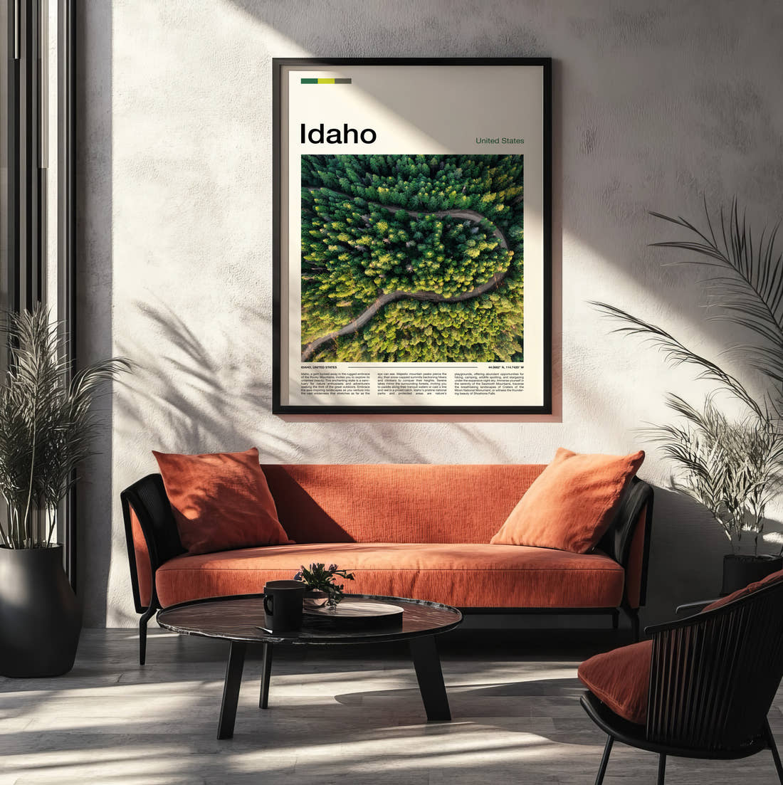 Idaho Winding Road Through Forest Travel Print framed on the wall of a modern living room