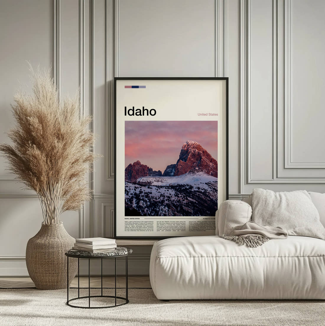 Idaho Pink Dawn Over Peaks Travel Print framed on the wall of a calm, neutral bedroom