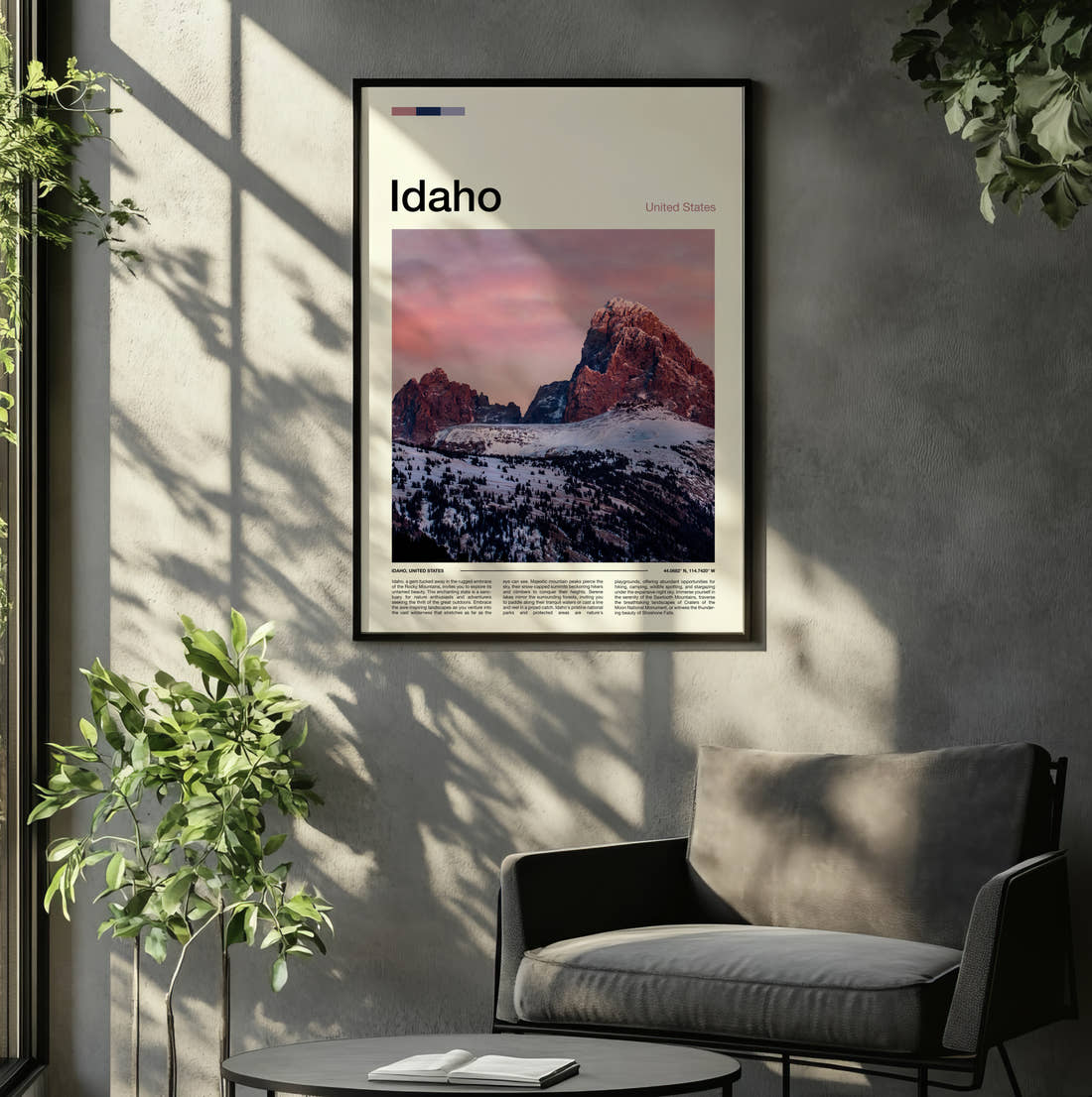 Idaho Pink Dawn Over Peaks Travel Print framed on the wall of a relaxed living room