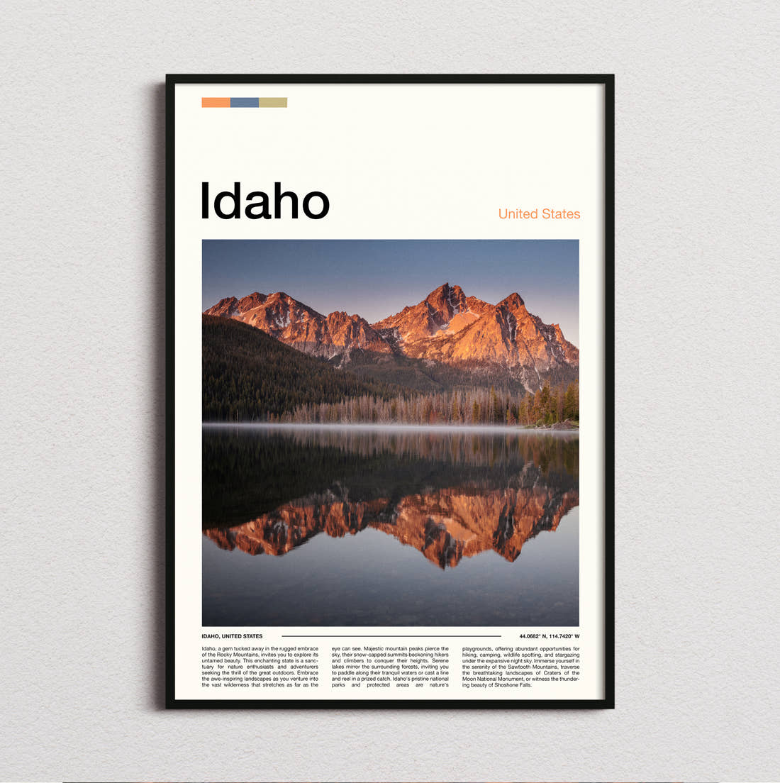 Idaho Sawtooth Mountains Reflected Travel Print framed and photographed straight on