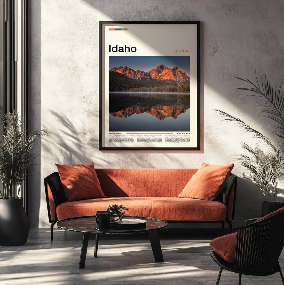 Idaho Sawtooth Mountains Reflected Travel Print framed on the wall of a modern living room