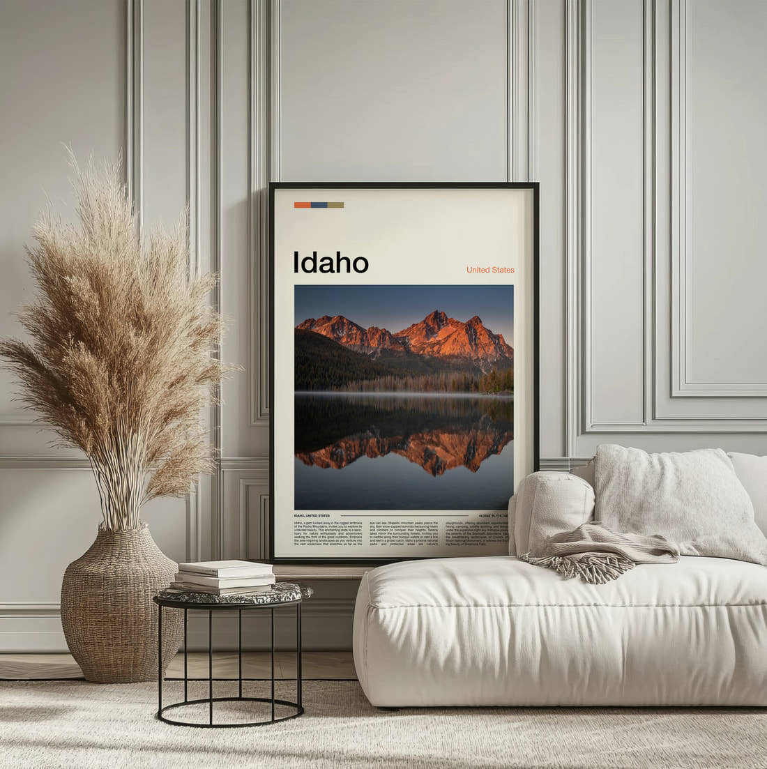 Idaho Sawtooth Mountains Reflected Travel Print framed on the wall of a calm, neutral bedroom