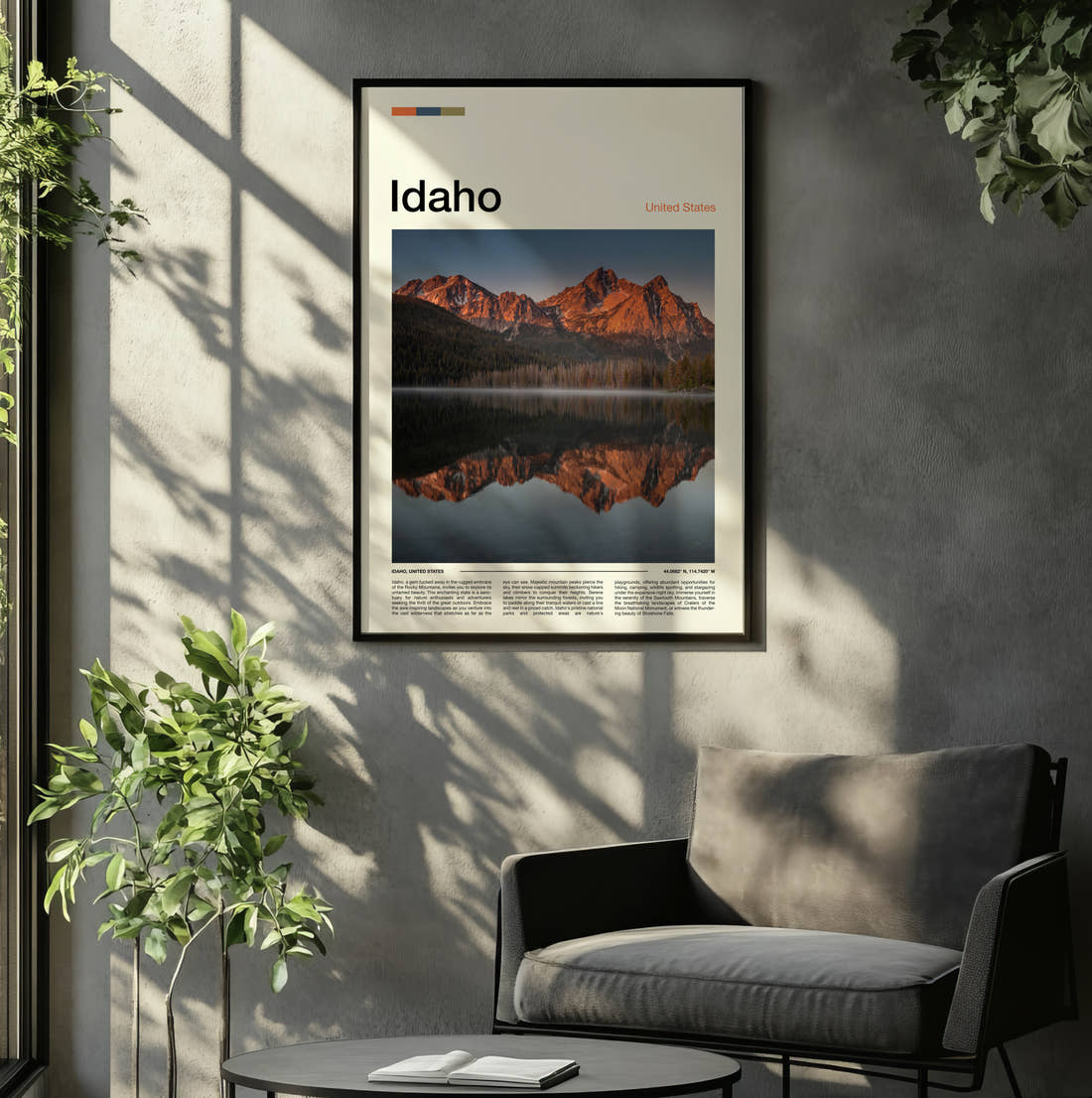 Idaho Sawtooth Mountains Reflected Travel Print framed on the wall of a relaxed living room
