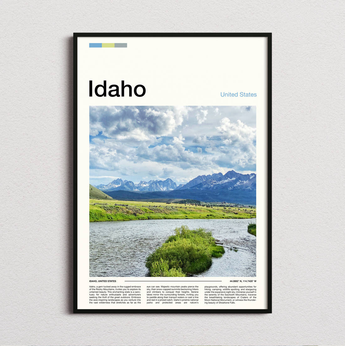 Idaho River Below Mountains Travel Print framed and photographed straight on