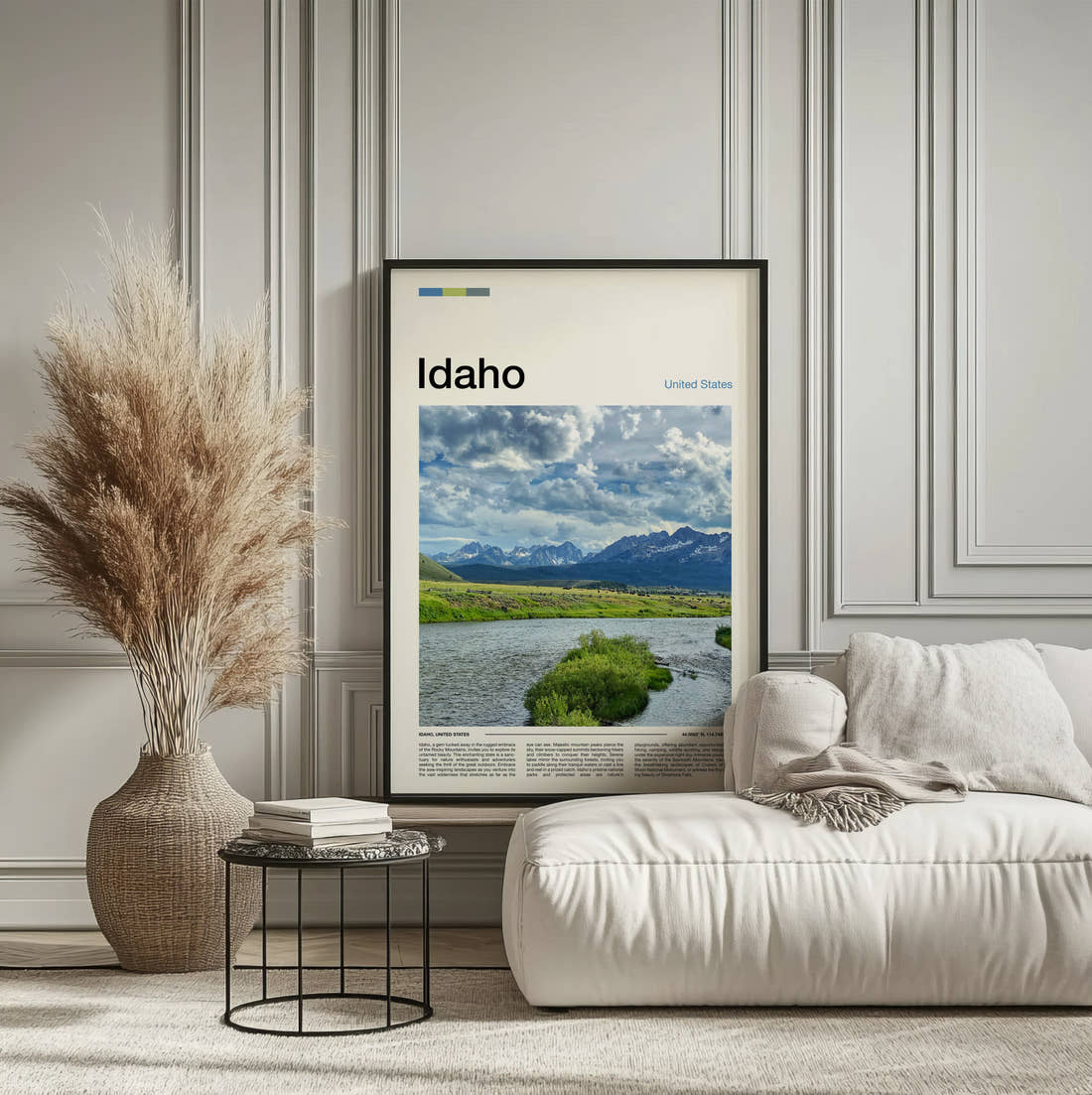 Idaho River Below Mountains Travel Print framed on the wall of a calm, neutral bedroom