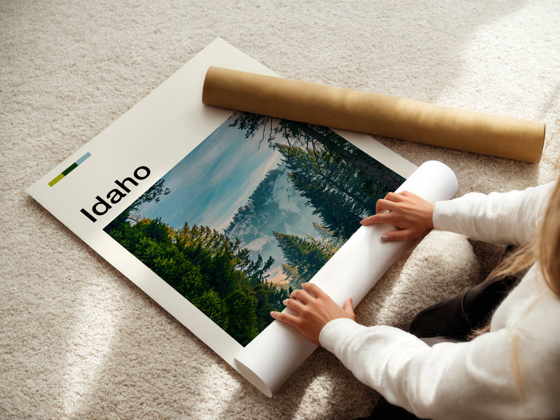 Idaho Pine Trees And Mist Travel Print being unrolled from its postal tube