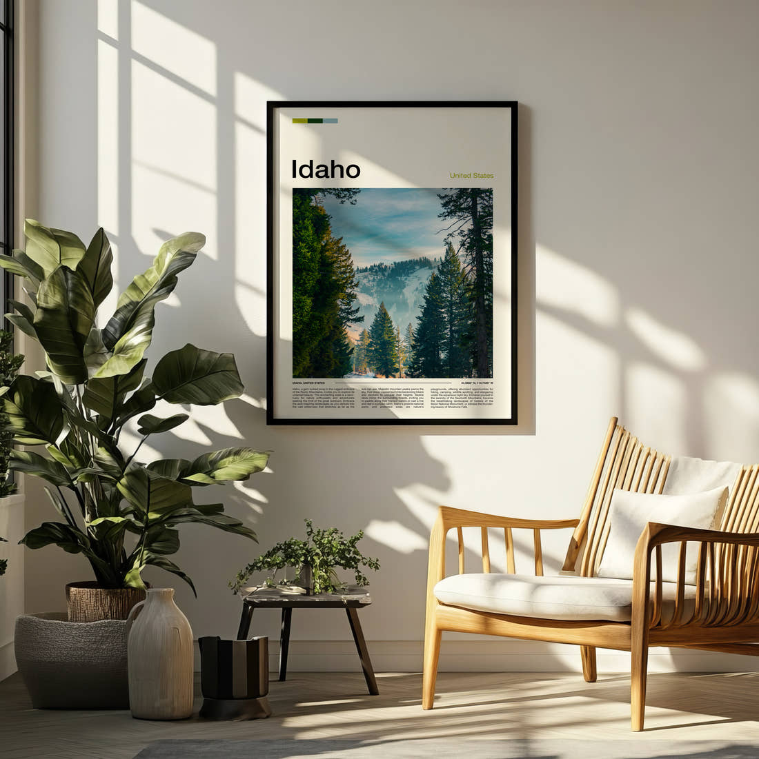 Idaho Pine Trees And Mist Travel Print framed on a pale wall beside houseplants