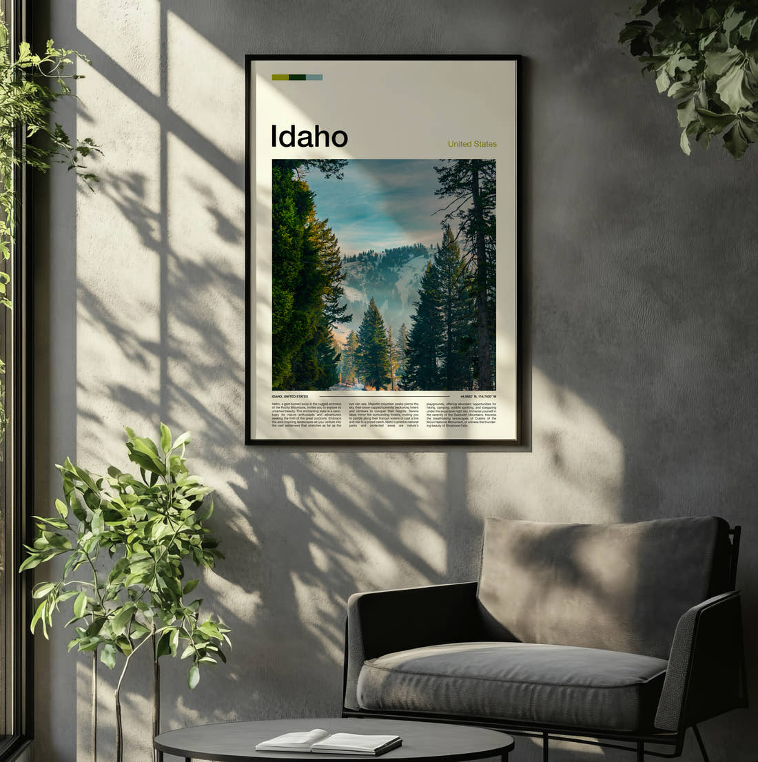 Idaho Pine Trees And Mist Travel Print framed on the wall of a relaxed living room