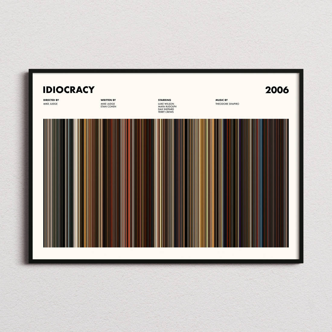 Idiocracy Movie Barcode Poster framed and photographed straight on