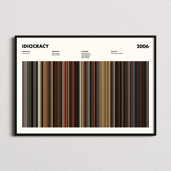 Idiocracy Movie Barcode Poster framed and photographed straight on