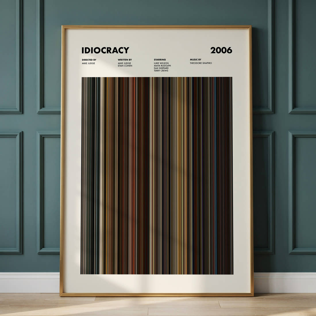 Idiocracy Movie Barcode Poster framed and leaning against a panelled wall
